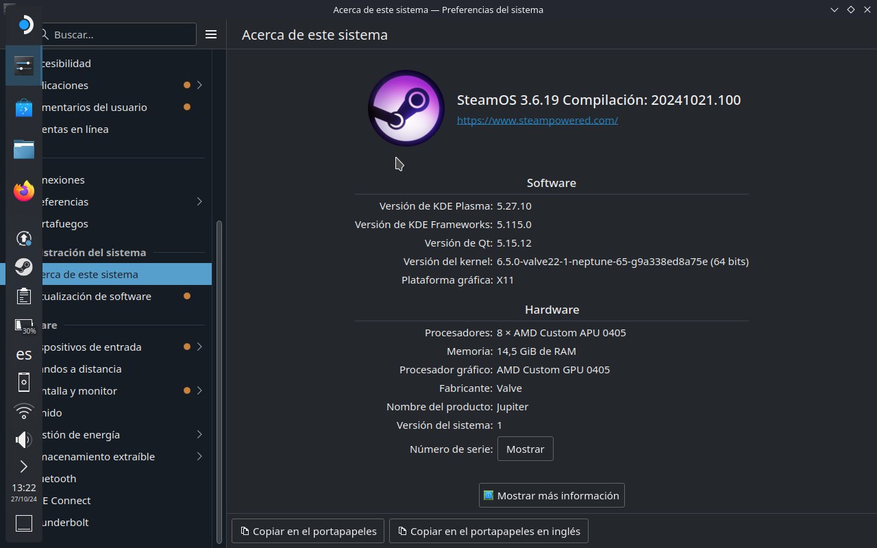 Centro de información de Plasma mostrando las versiones de los componentes