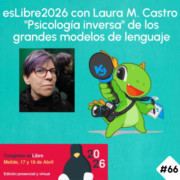 Logo de Konqi con un micro apuntando a la foto de Laura. Logo de esLibre abajo