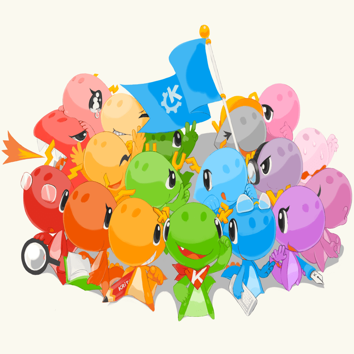 Konqi junto a muchos de sus compis de diferentes colores, uno lleva una bandera de KDE