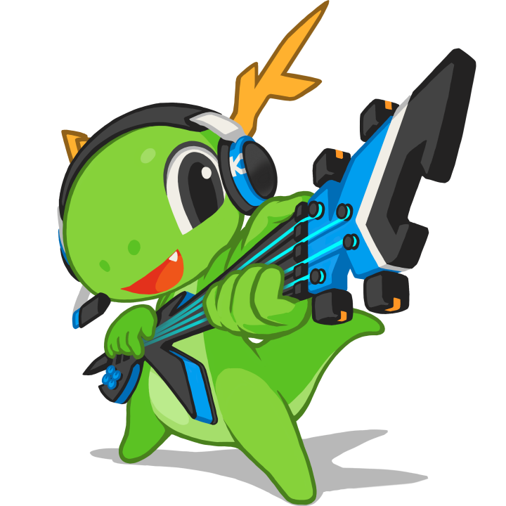 Konqi con guitarra electrica con una K como punta y cascos