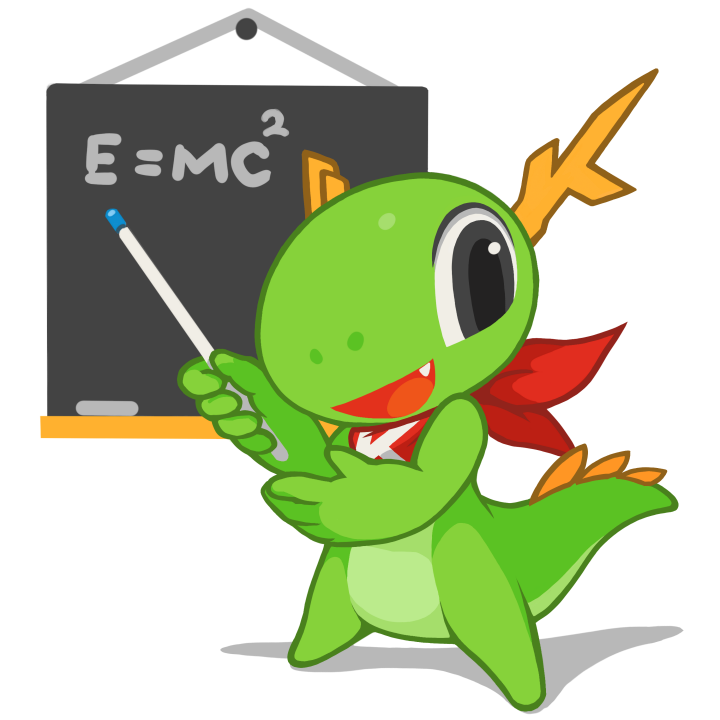 Konqi apuntando a una pizarra que pone E=MC²