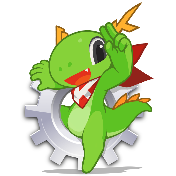 Konqi dentro de una rueda dentada, saluda con dos dedos en la frente