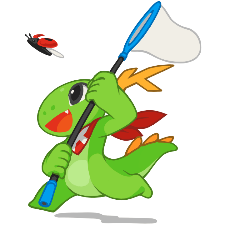 Konqi con una red intentado cazar un bug (mariposa)