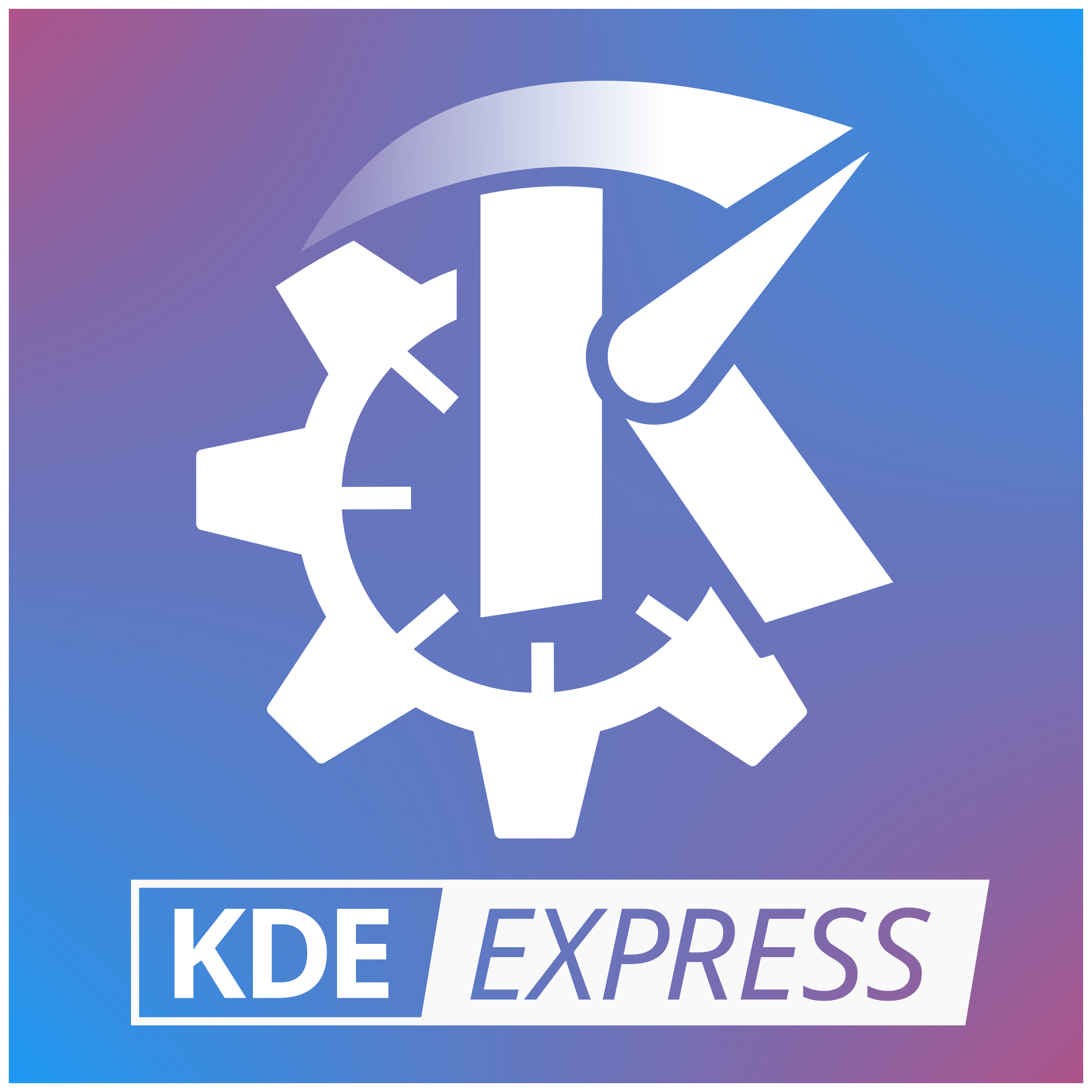 KDE EXPRESS, una K en una rueda dentada y encima una flecha dando sensación de movimiento